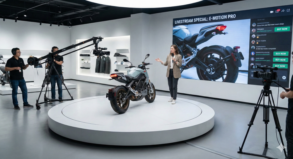 Livestream xe điện với bục xoay 360° - thực tế tại showroom